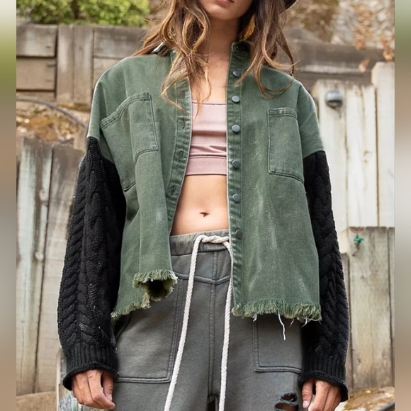 NEW Boho Oversized Cable Knit Distressed Denim Shacket Top Jacket Green Black - Picture 5 of 8